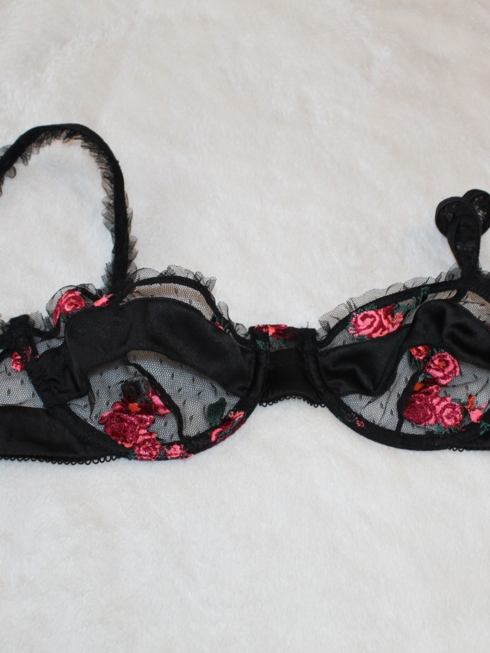 For Love And Lemons Black Sheer Underwire Bra with Pink Rose Embroidery